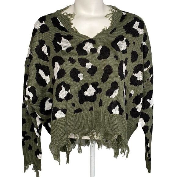 Polly & Esther Sweater Top Women's LARGE Green Black Destructed Cropped Frayed - Picture 1 of 12